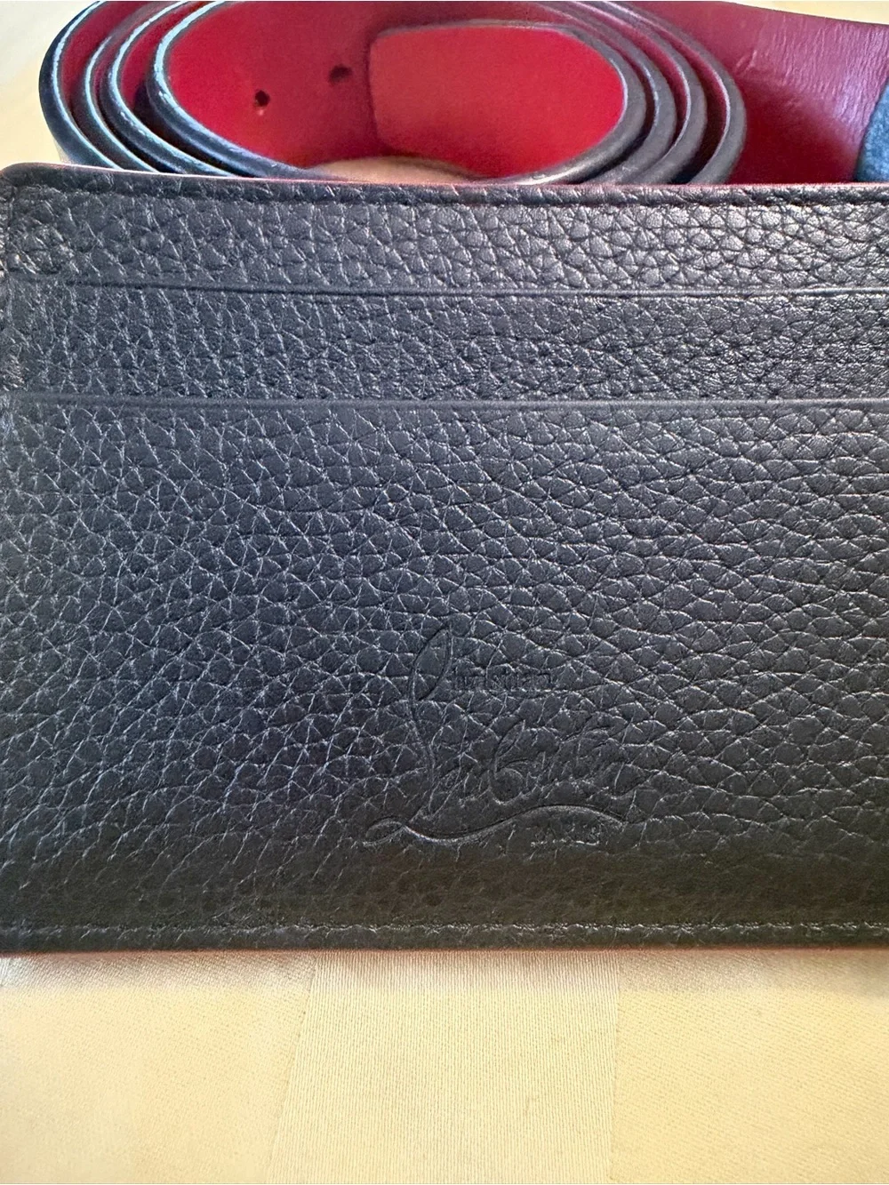 Christian Louboutin Black Leather Belt with Red Trim & Credit Card wallet.